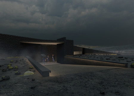 Volcanic Wall Enclosing Social Nodes in Reclaimed Timber Structure