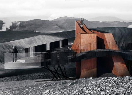 Weathering Steel Observation Deck Overlooking Volcanic Landscape