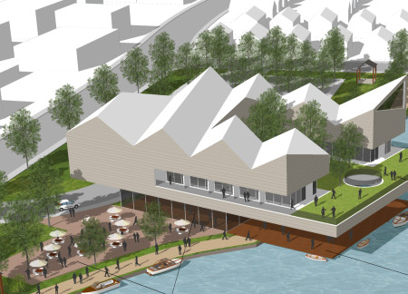 Floating Pavilion with Cantilevered Balcony Supporting Community Care