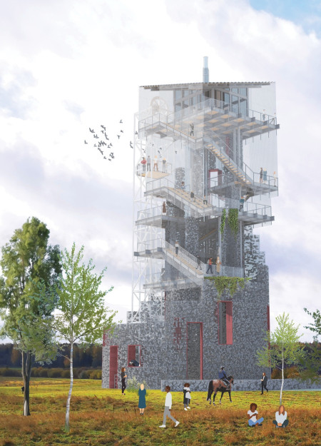 Gabion and Mesh Structure Offering Elevated Views in Natural Landscape