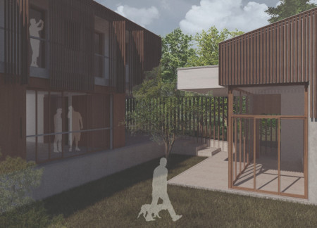 Heavy Materials and Wood Accents in a Community-Centered Residence