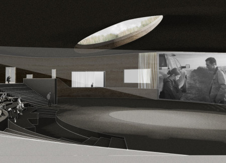 Curved Green Roof Embracing Basalt and Rammed Earth for Intimate Cinematic Experiences