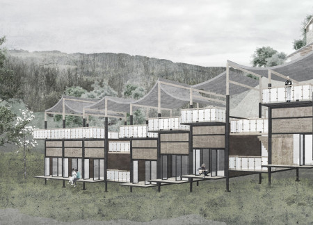 Adjustable Steel Pillars Accompanying Glass Panels in a Tranquil Retreat