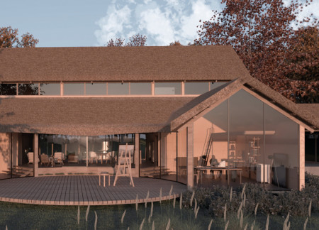 Wooden Deck Overlooking Cernostes Lake with Stone Foundation and Bat Habitat