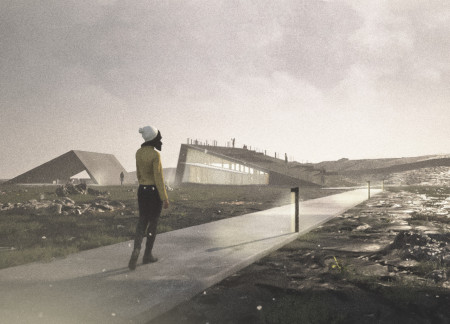 Slanted Roof over Volcanic Ash: a Concrete Resting Station Amidst Iceland's Geology