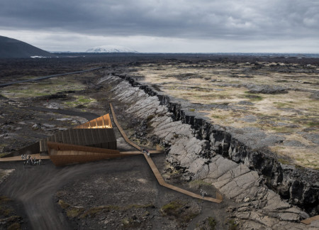 Charred Wooden Shingles and Panoramic Views in a Visitor Center Designed for Geological Exploration
