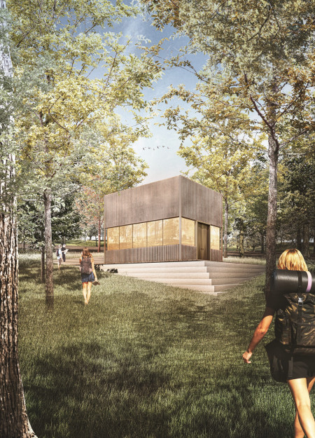 Translucent Glass Bricks and Reflective Surfaces in a Small Meditation Retreat