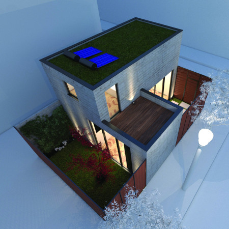 Exposed Concrete and Metal Mesh in a Compact L-Shaped Home