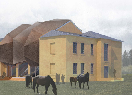 Curvilinear Design Featuring Reed Canopy and Laminated Wood for Community Engagement