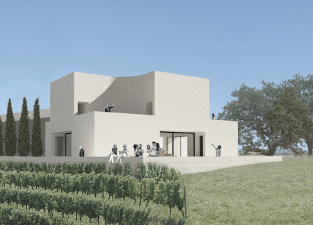 Curved Niches Framing Vineyard Views in a Modular Tasting Pavilion