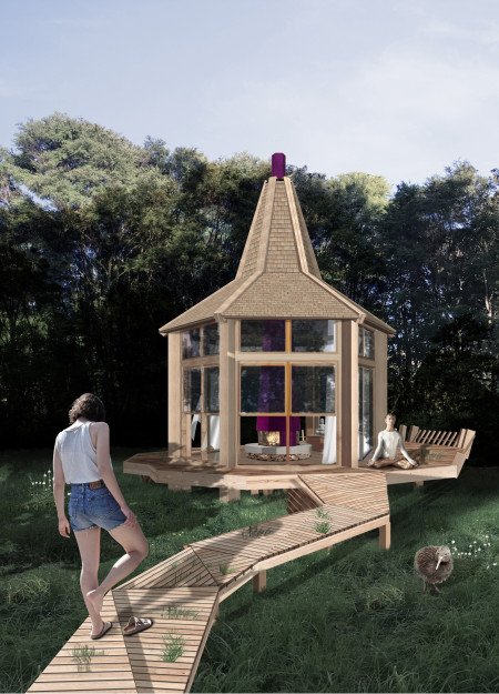 Floating Deck Pavilion Embracing Fuchsia and Local Stones