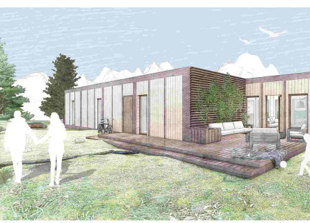 Charred Wooden Shingles and Modular Structure for Sustainable Living Solutions