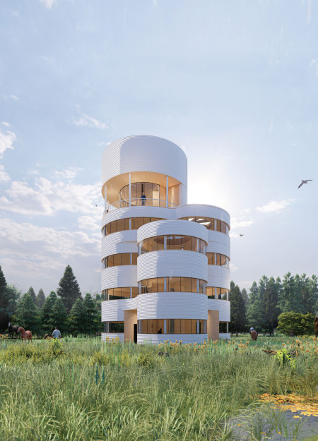 Steel Columns and Birch Interiors in a Local Farming Landscape