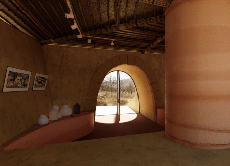 Excavated Pavilion Featuring Rammed Earth and Corn Husk Canopy