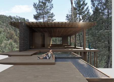 Wooden Platforms Overlooking Nature with Zen Garden and Passive Ventilation