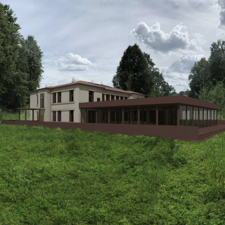 Oiled Wood Pavilion Featuring a Red Stained Structure and Blacksmith Workshop