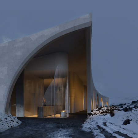 Curvilinear Form Constructed with Volcanic Concrete and High-Performance Glazing for a Visitor Center