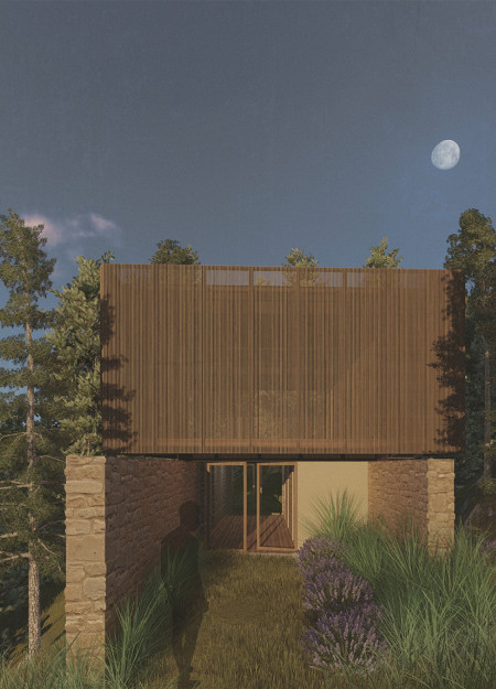 Grounded Stone Walls and Floating Wooden Shala for Yoga Retreat