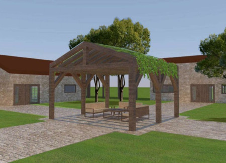 Grapevine-Covered Pavilion with Poligono Cobblestone and Natural Stone Elements