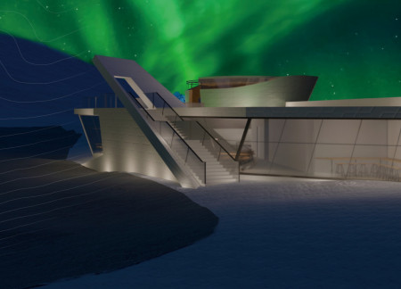 Reflective Surfaces and Skylights Framing Nature in a Glacial Landscape Caf&eacute;