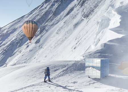 Reflective Shelter Amidst Alpine Peaks Enhanced by Seasonal Experiences