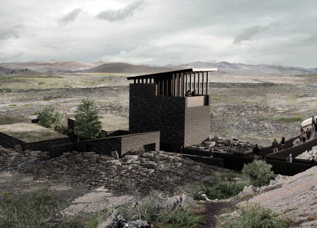 Basalt and Weathered Steel Visitor Centre Embracing Geothermal Landscapes