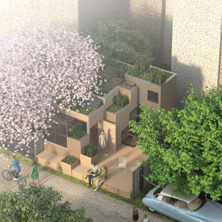 Laminated Wood Structure with Integrated Rainwater Planters for Urban Living