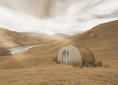 Curved Partition Cabin Featuring Rice Straw and Deployable Furniture