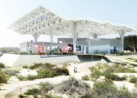 Elevated Canopy Structure Featuring Modular Panels and Interactive Spaces in a Natural Habitat