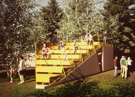 Triangular Landscape Folly Constructed with Dimensional Lumber for Community Engagement