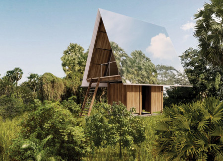 Reflective Huts with Angular Roofs for Immersive Nature Retreat