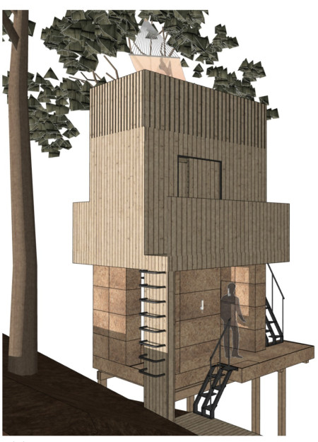 Cork-Block Retreat Elevated Among Trees for Restful Reflection