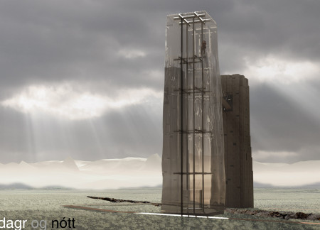 Birefringent Acrylic Towers Merging Light and Dark in Icelandic Landscape