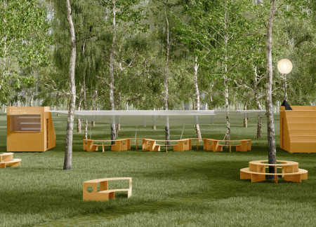 Birch and Pine Pavilion Emphasizing Urban Collectivity in a Festival Setting