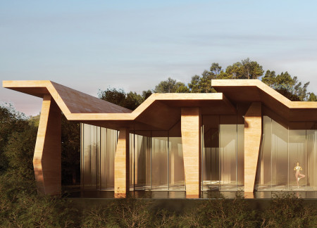 Sculptural Roof Canopy with Colored Concrete Emphasizing Wellness Retreat Design