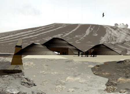 Volcanic Rock and Timber Form a Community Hub Surrounded by Nature