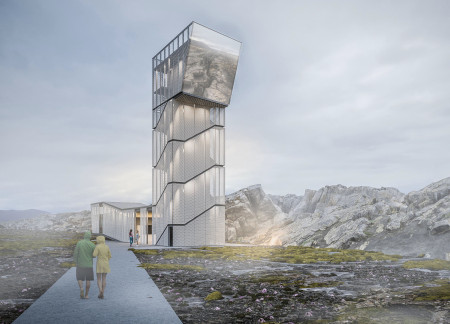 Reflective Glass and Expanded Metal Structure Integrating Icelandic Geology as a Visitor Center