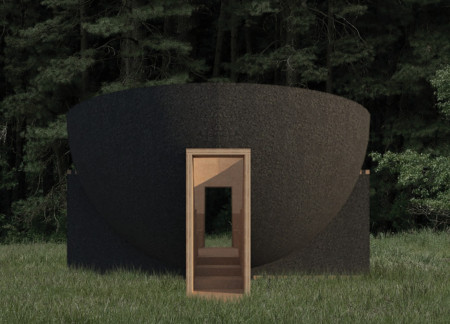 Charred Exterior Enveloping Self-Shaped Panels in Timber Hemisphere