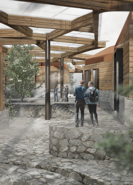 Birch Wood Structure Embracing Community Interaction Under Natural Light