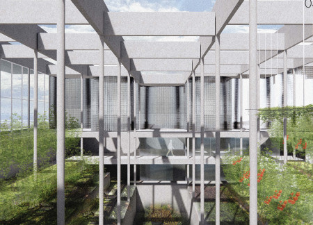 Geothermal Greenhouse with Low-Carbon Concrete and Terraced Timber Integration