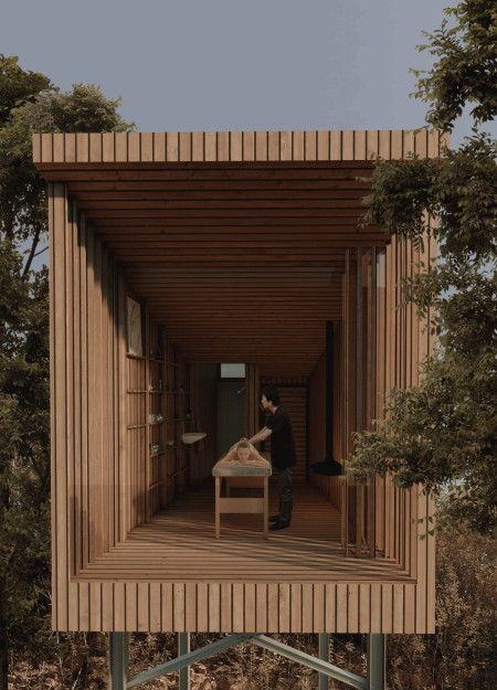 Blue Ceramic Tiles and Dark Metal Roof in a Sustainable Wood Cabin
