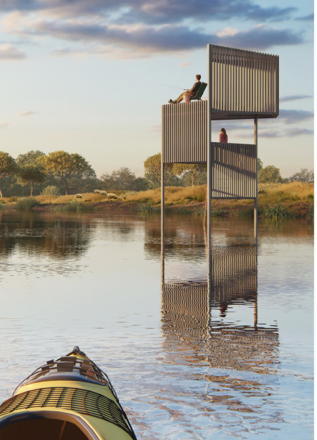 Terracotta Floors and Recycled Wood Panels Floating Above Salt Marshes