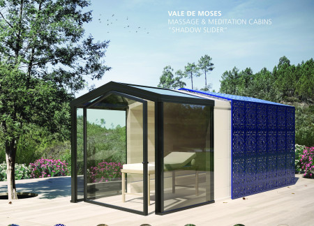 Eucalyptus Cabins with Movable Semi-Transparent Shells for Meditation and Massage