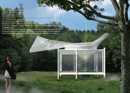 Elevated Meditation Cabin with Glass and Linen Inscriptions
