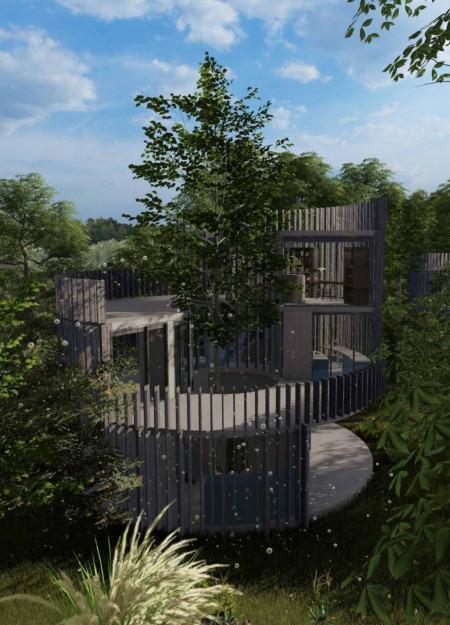 Tree-Centered Living with Louvered Facade in Circular Modular Home
