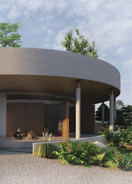 Spiraled Community Center Integrated with Natural Water Features and Constructed from Local Materials