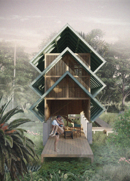 Stacked Roof Structure with Jungle Views in a Wooden Retreat