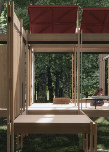 Elevated Spaces with Corrugated Roof and Timber Integration for Tranquil Retreats