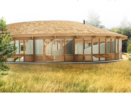 Birch-Centered Courtyard with Stone Benches for Care and Reflection