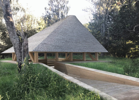 Rammed Earth Structure Featuring Circular Oculus and Community Firepit